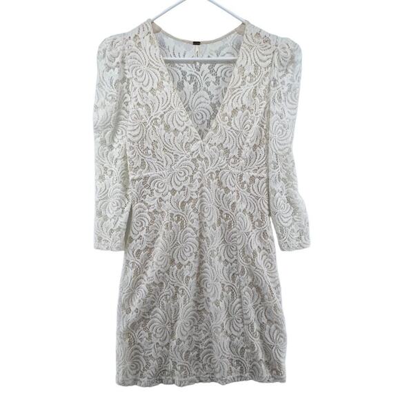 Free People Size Medium Cream Dress Full Lace Long Puff Sleeves Sheer Back - Picture 1 of 5